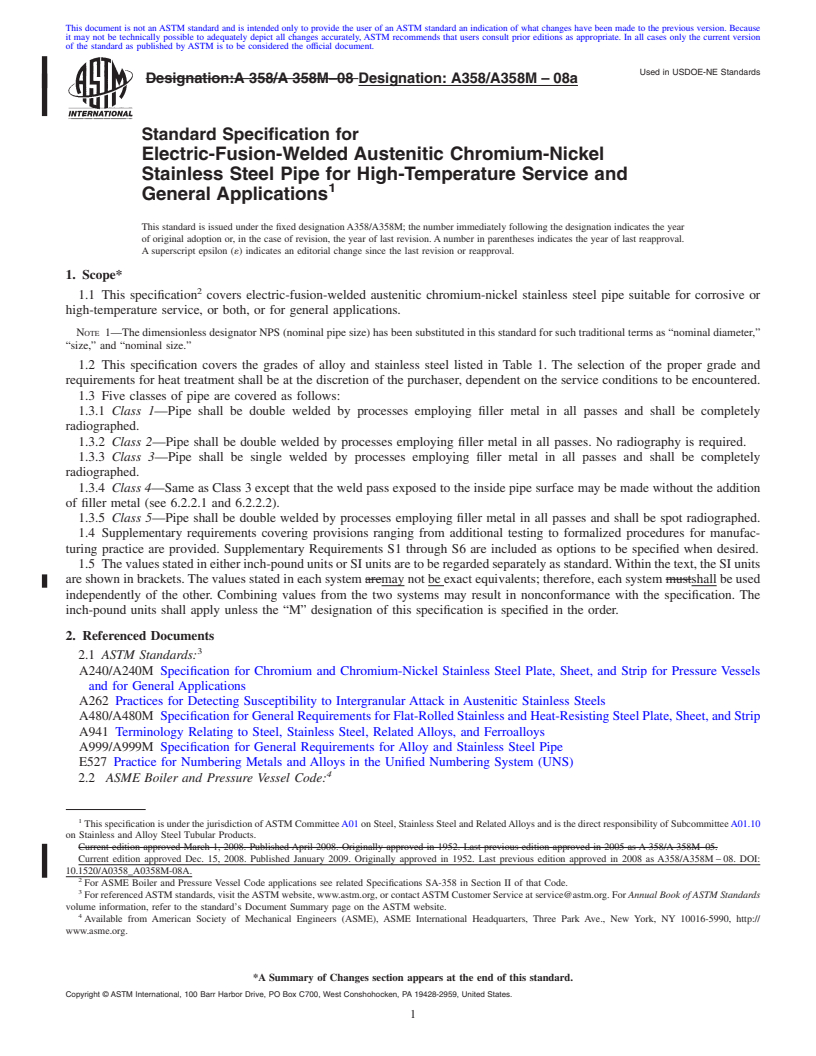 REDLINE ASTM A358/A358M-08a - Standard Specification for  Electric-Fusion-Welded Austenitic Chromium-Nickel Stainless Steel Pipe for High-Temperature Service and General Applications