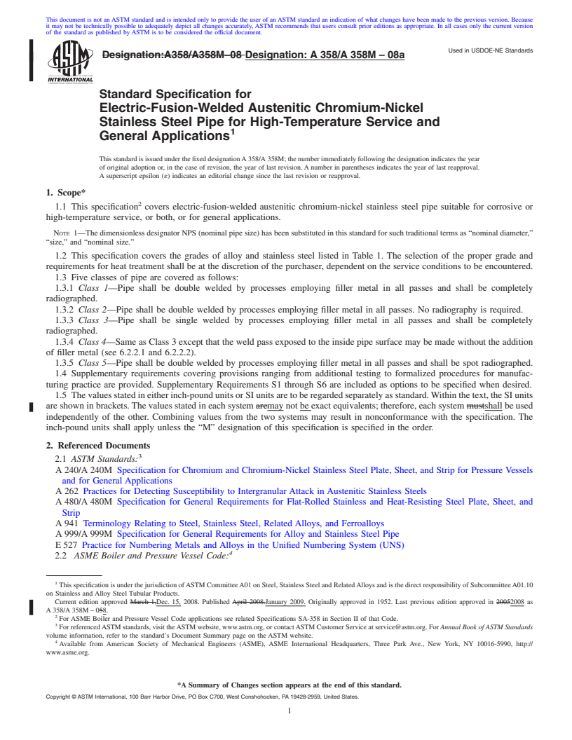 REDLINE ASTM A358/A358M-08a - Standard Specification for  Electric-Fusion-Welded Austenitic Chromium-Nickel Stainless Steel Pipe for High-Temperature Service and General Applications