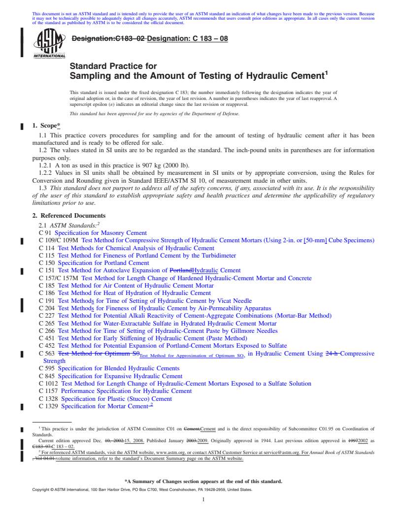 REDLINE ASTM C183-08 - Standard Practice for Sampling and the Amount of Testing of Hydraulic Cement