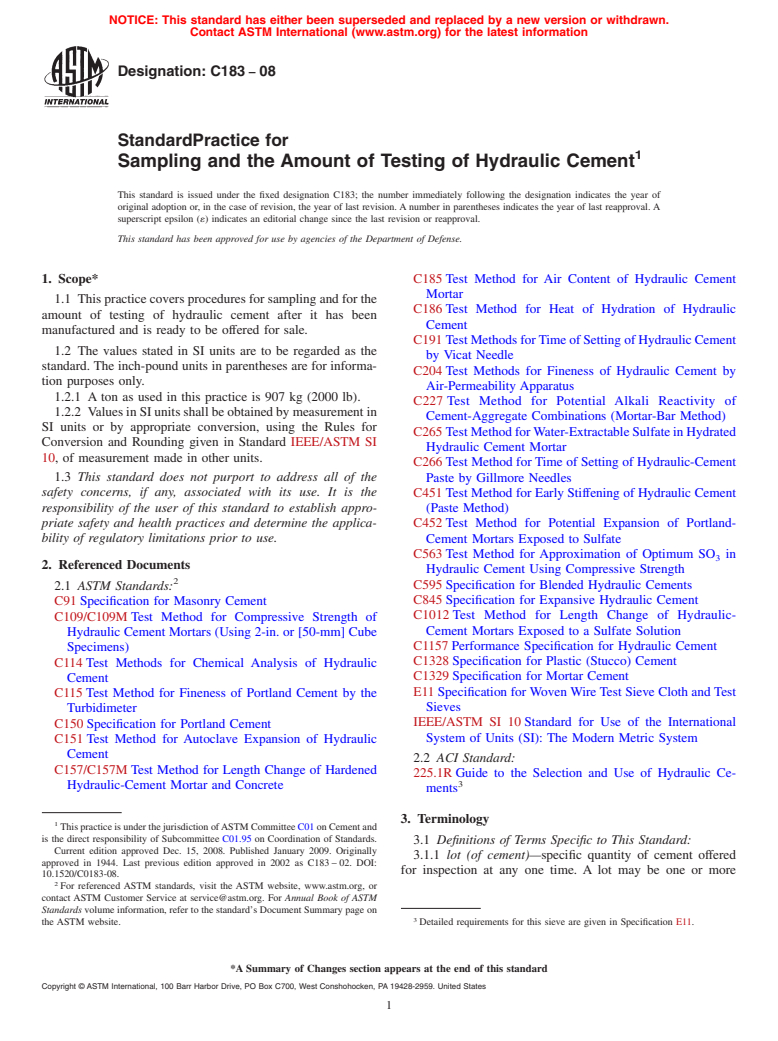 ASTM C183-08 - Standard Practice for Sampling and the Amount of Testing of Hydraulic Cement