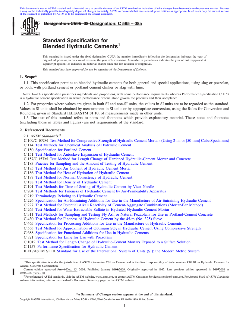 REDLINE ASTM C595-08a - Standard Specification for  Blended Hydraulic Cements