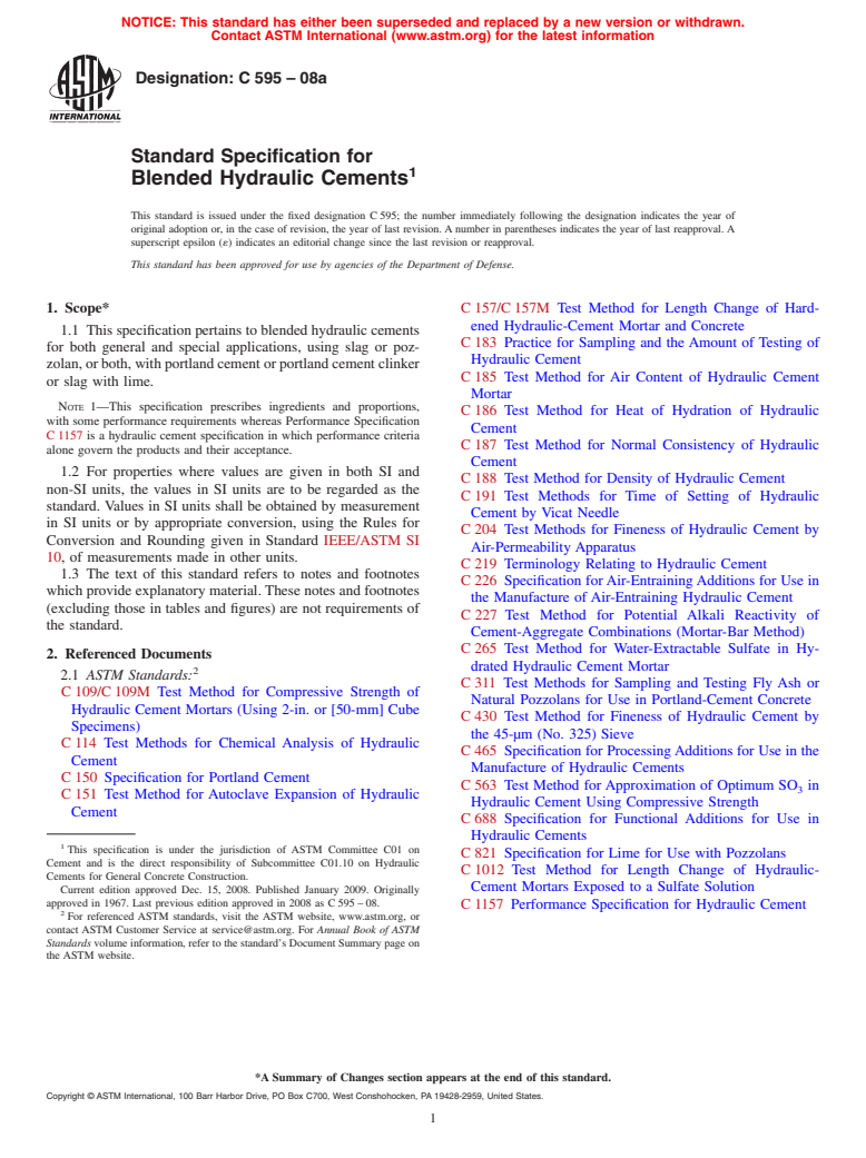 ASTM C595-08a - Standard Specification for  Blended Hydraulic Cements