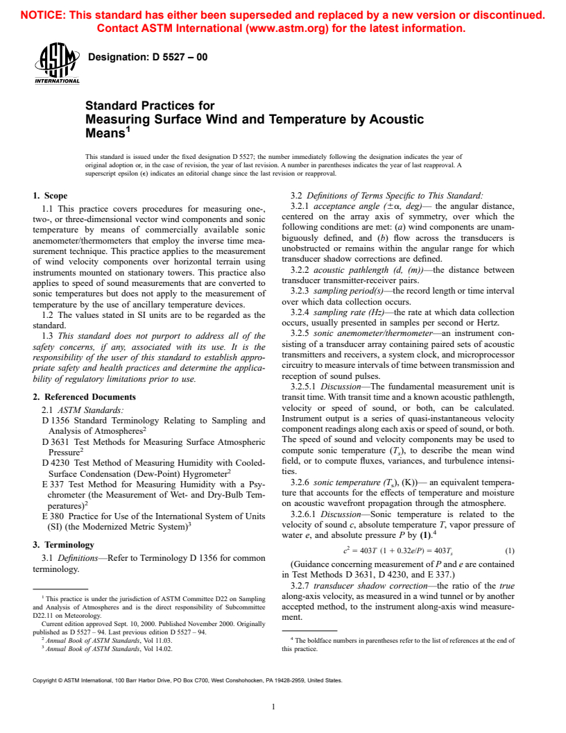 ASTM D5527-00 - Standard Practices for Measuring Surface Wind and Temperature by Acoustic Means