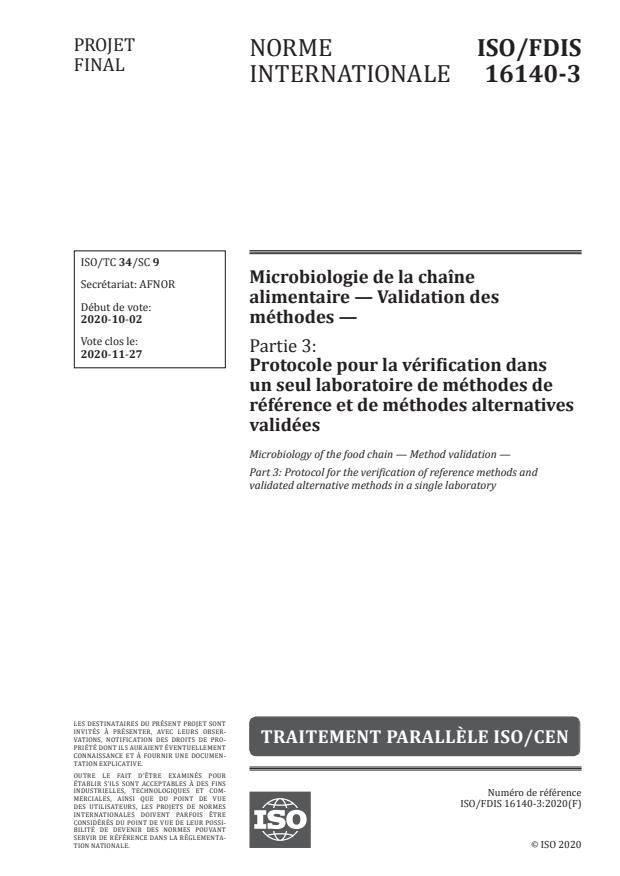 ISO/FDIS 16140-3:Version 21-nov-2020 - Microbiologie de la chaîne alimentaire -- Validation des méthodes