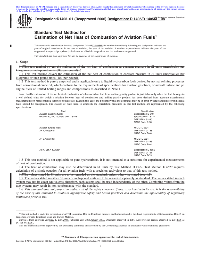 REDLINE ASTM D1405/D1405M-08 - Standard Test Method for Estimation of Net Heat of Combustion of Aviation Fuels