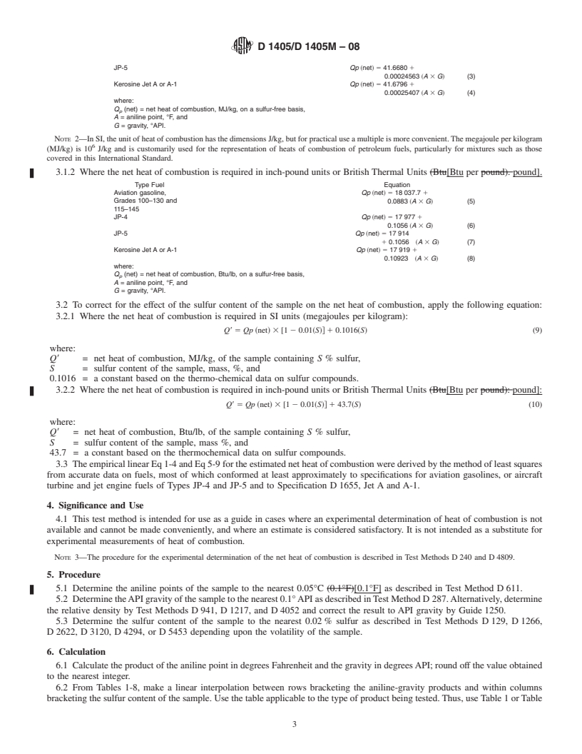 REDLINE ASTM D1405/D1405M-08 - Standard Test Method for Estimation of Net Heat of Combustion of Aviation Fuels