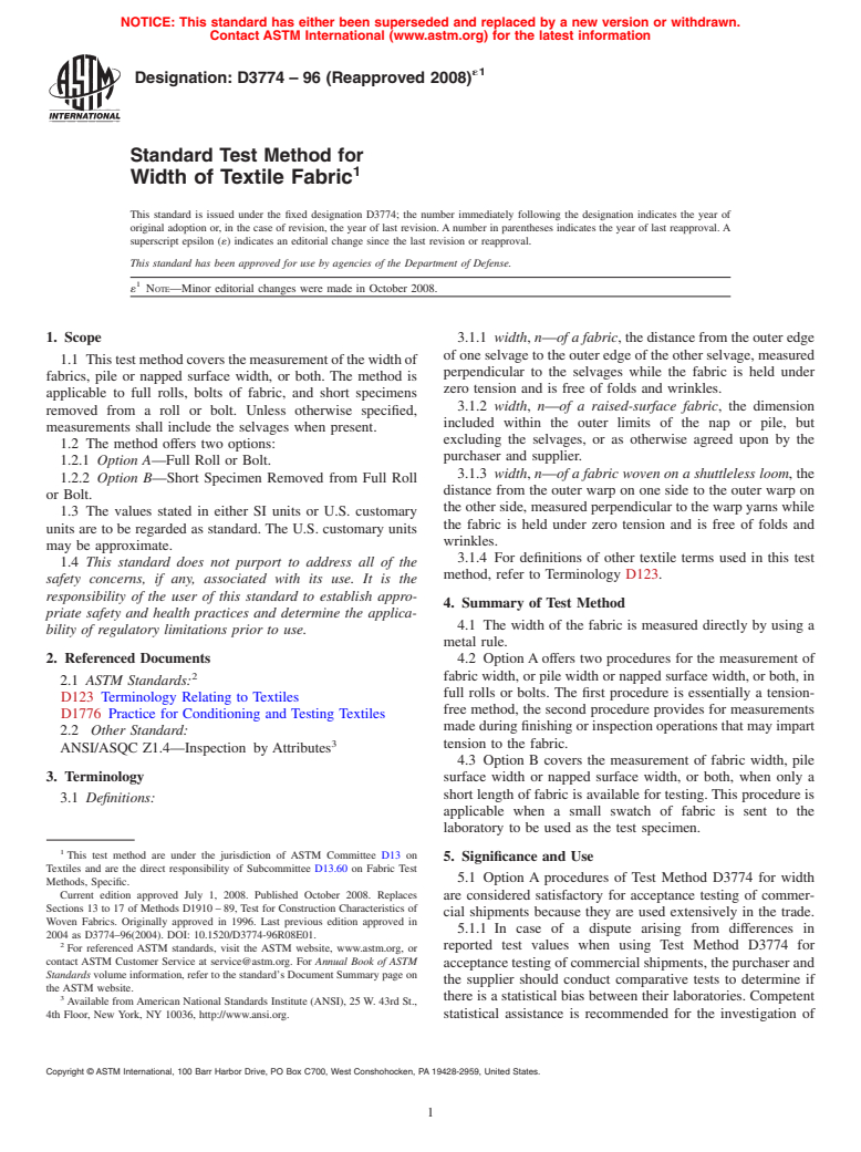 ASTM D3774-96(2008)e1 - Standard Test Methods for Width of Textile Fabric