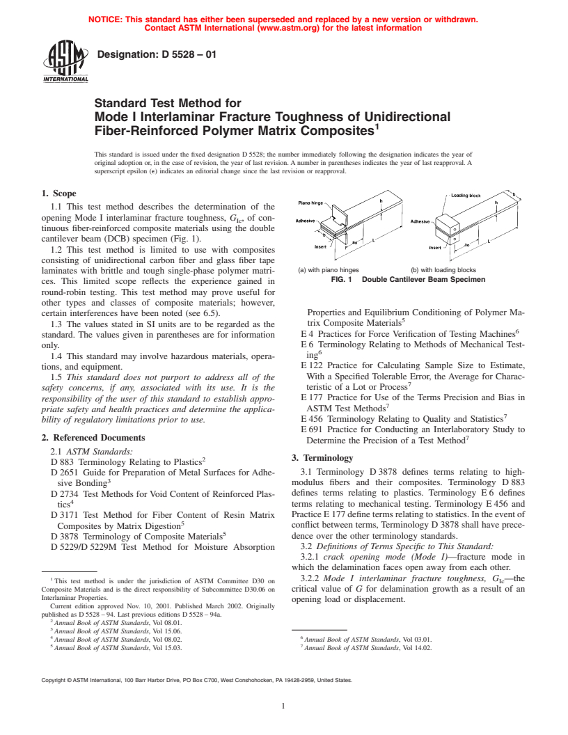 ASTM D5528-01 - Standard Test Method for Mode I Interlaminar Fracture Toughness of Unidirectional Fiber-Reinforced Polymer Matrix Composites