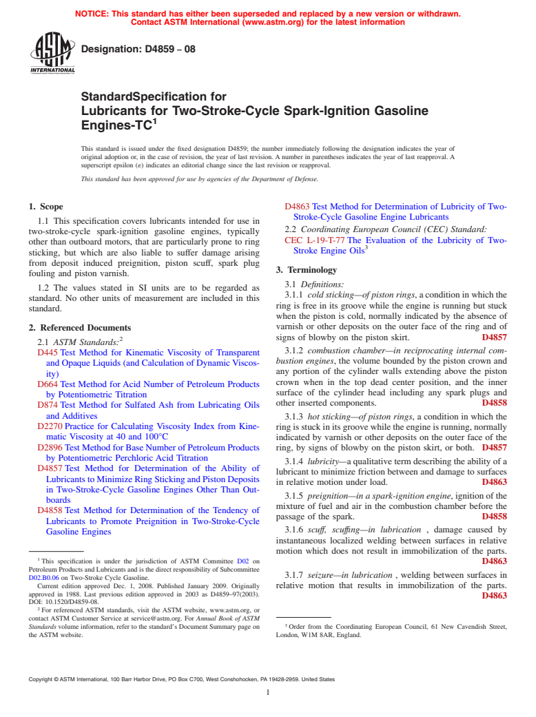 ASTM D4859-08 - Standard Specification for Lubricants for Two-Stroke-Cycle Spark-Ignition Gasoline Engines-TC