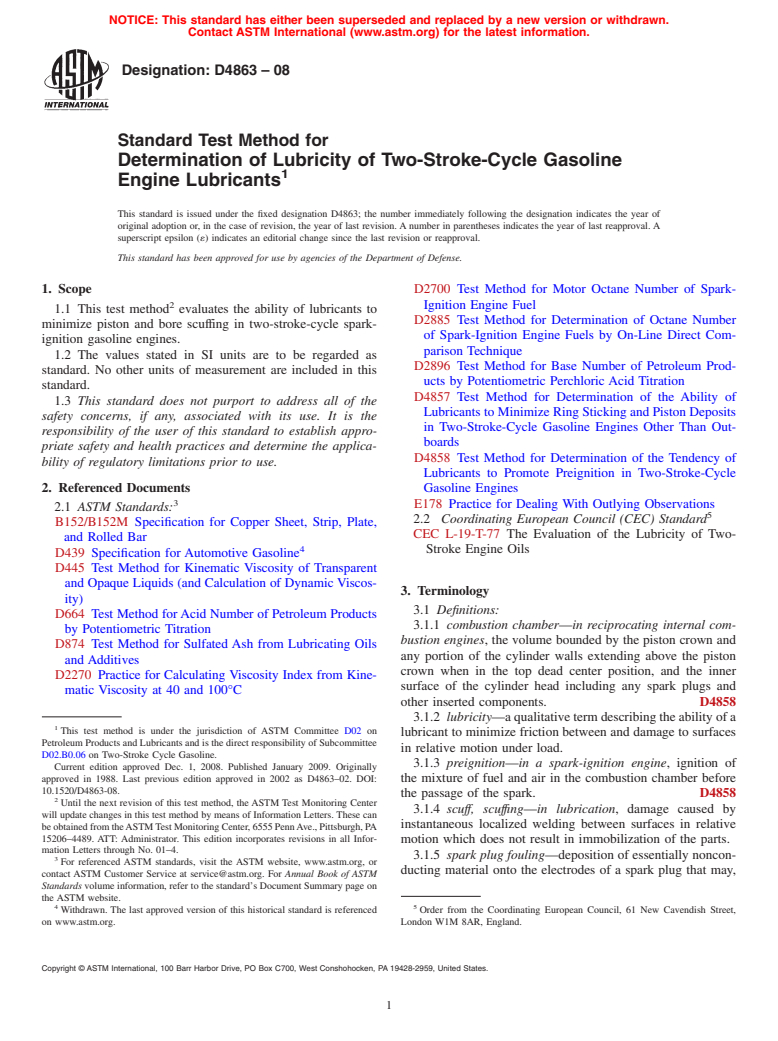 ASTM D4863-08 - Standard Test Method for Determination of Lubricity of Two-Stroke-Cycle Gasoline Engine Lubricants