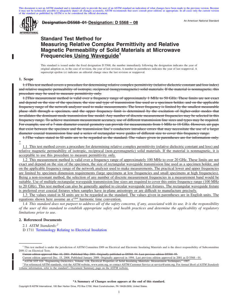 REDLINE ASTM D5568-08 - Standard Test Method for Measuring Relative Complex Permittivity and Relative Magnetic Permeability of Solid Materials at Microwave Frequencies