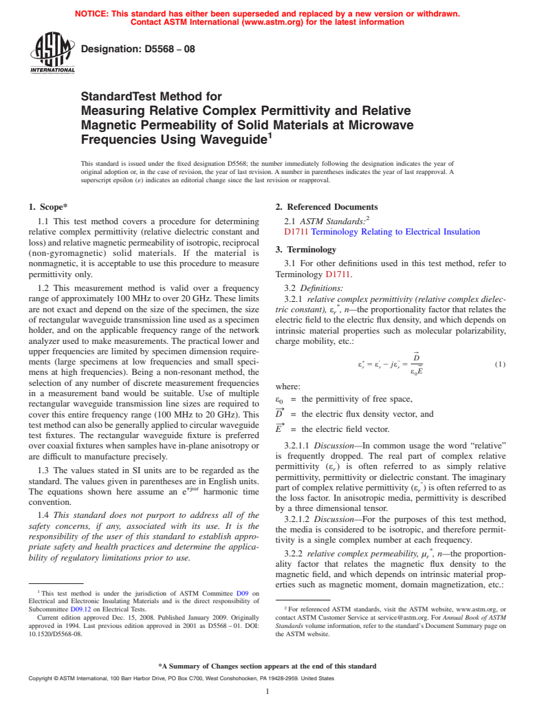 ASTM D5568-08 - Standard Test Method for Measuring Relative Complex Permittivity and Relative Magnetic Permeability of Solid Materials at Microwave Frequencies