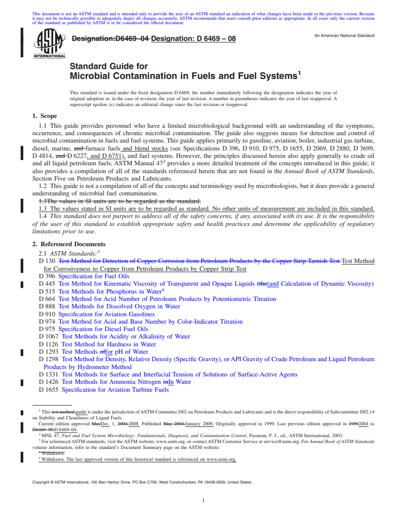 REDLINE ASTM D6469-08 - Standard Guide for Microbial Contamination in Fuels and Fuel Systems