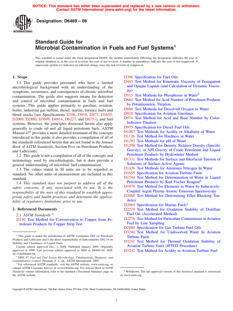 ASTM D6469-08 - Standard Guide for Microbial Contamination in Fuels and Fuel Systems