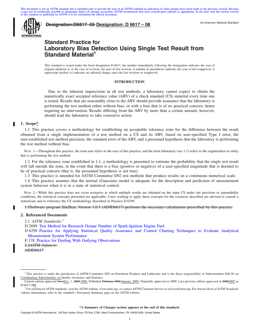 REDLINE ASTM D6617-08 - Standard Practice for Laboratory Bias Detection Using Single Test Result from Standard Material