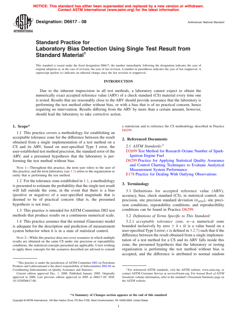 ASTM D6617-08 - Standard Practice for Laboratory Bias Detection Using Single Test Result from Standard Material