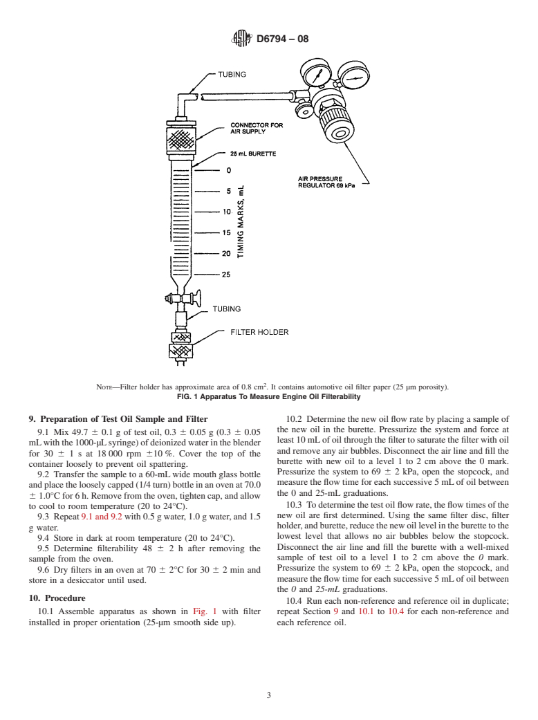 ASTM D6794-08 - Standard Test Method for Measuring the Effect on Filterability of Engine Oils After Treatment with Various Amounts of Water and a Long (6-h) Heating Time