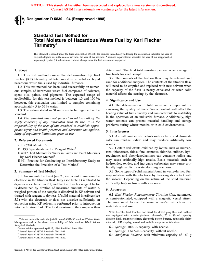 ASTM D5530-94(1998) - Standard Test Method for Total Moisture of Hazardous Waste Fuel by Karl Fischer Titrimetry