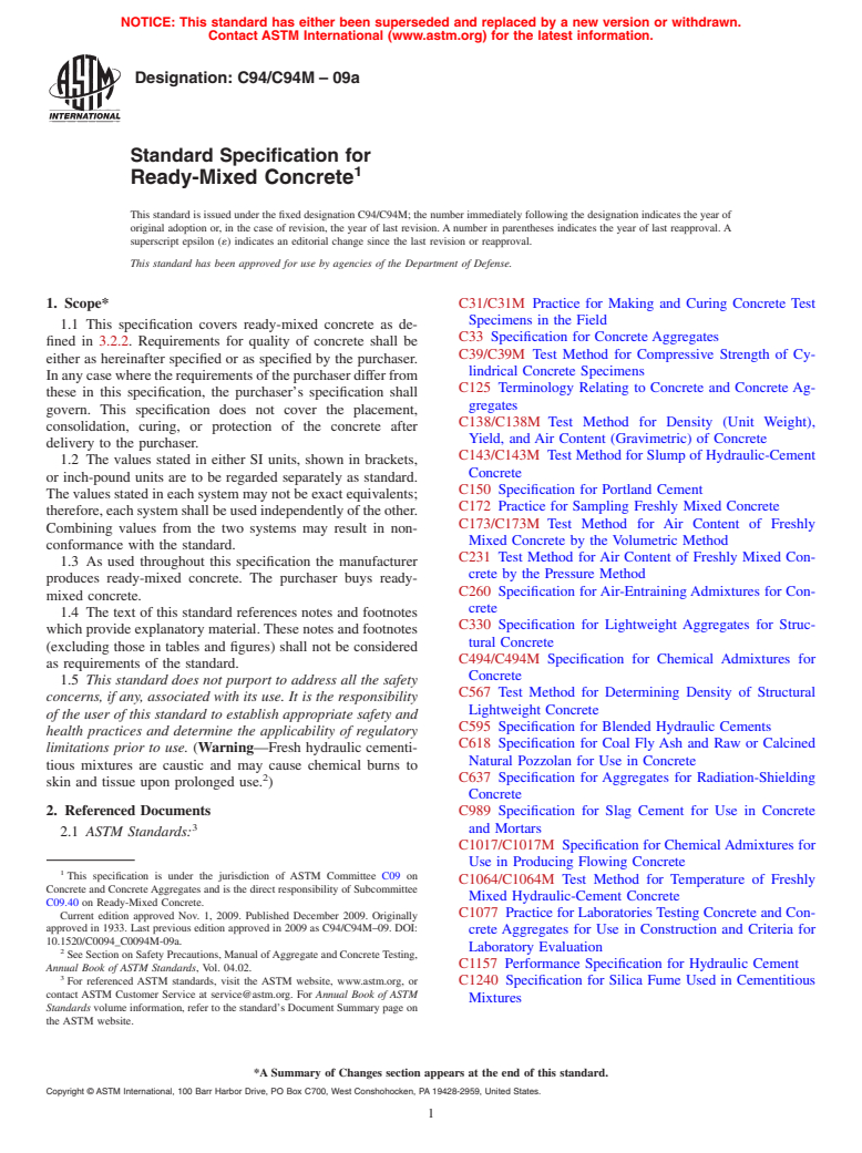 ASTM C94/C94M-09 - Standard Specification for Ready-Mixed Concrete