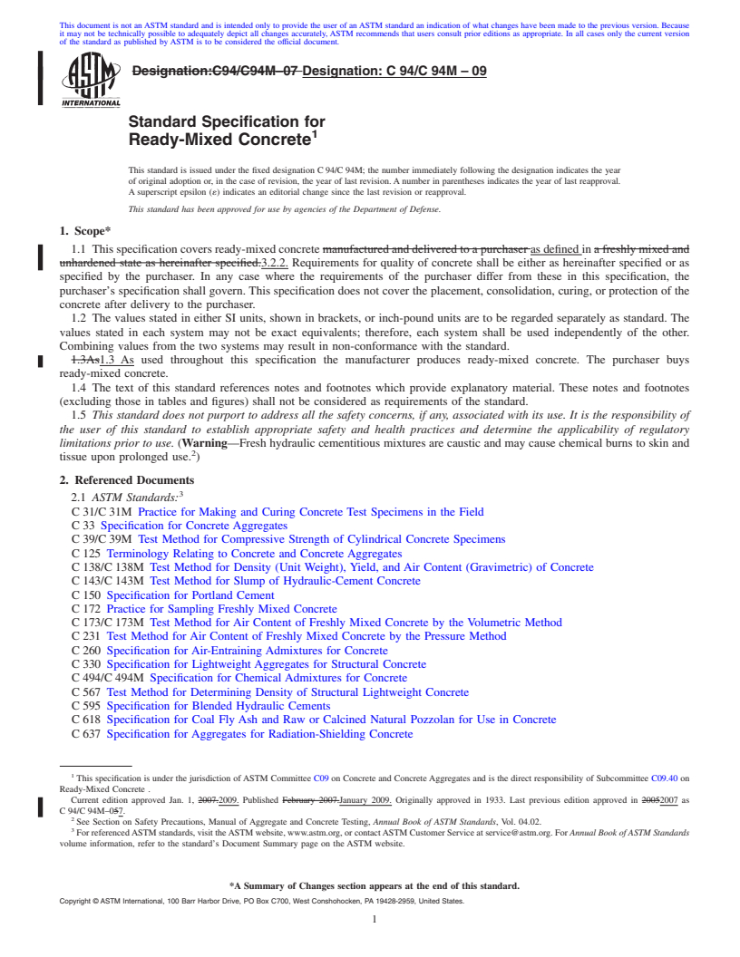 REDLINE ASTM C94/C94M-09 - Standard Specification for Ready-Mixed Concrete