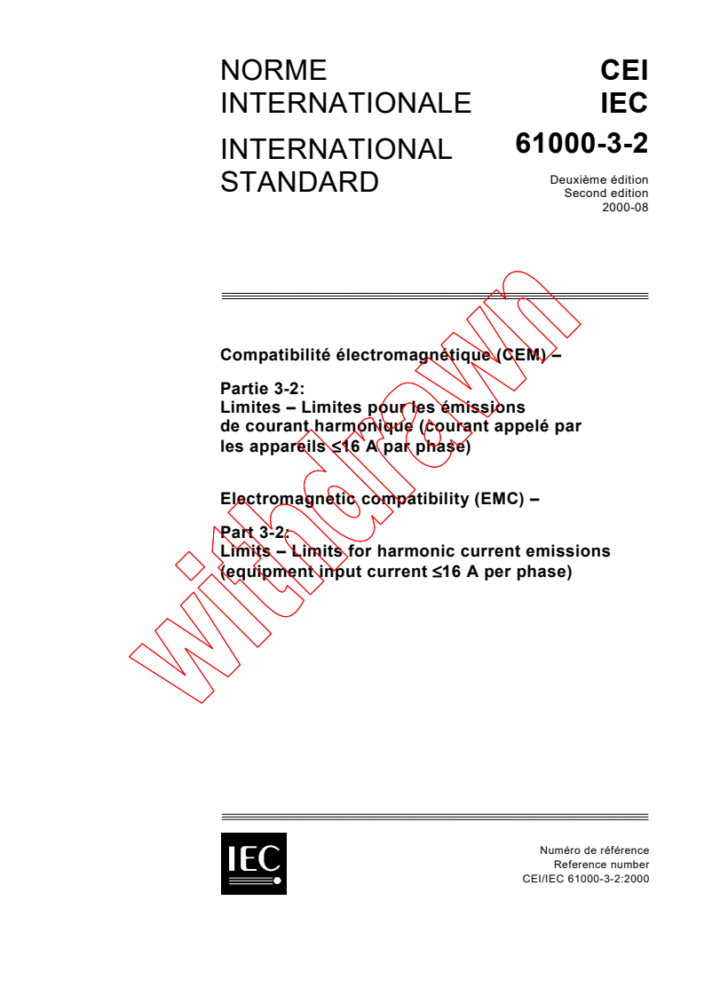 IEC 61000-3-2:2000 - Electromagnetic compatibility (EMC) - Part 3-2: Limits - Limits for harmonic current emissions (equipment input current <= 16 A per phase)
Released:8/30/2000
Isbn:2831854164