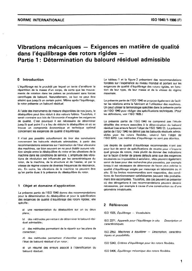 ISO 1940-1:1986 - Vibrations mécaniques -- Exigences en matiere de qualité dans l'équilibrage des rotors rigides