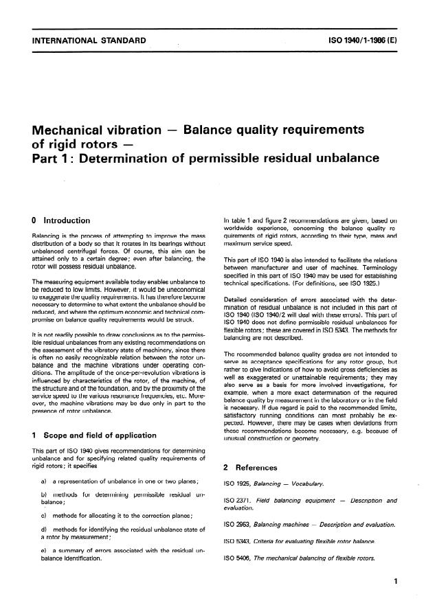ISO 1940-1:1986 - Mechanical vibration -- Balance quality requirements of rigid rotors