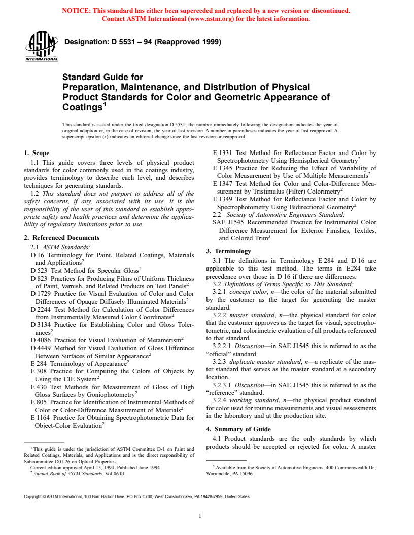 ASTM D5531-94(1999) - Standard Guide for Preparation, Maintenance, and Distribution of Physical Product Standards for Color and Geometric Appearance of Coatings