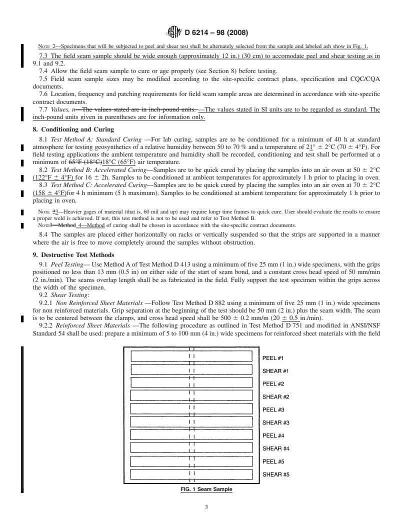 REDLINE ASTM D6214-98(2008) - Standard Test Method for Determining the Integrity of Field Seams Used in Joining Geomembranes by Chemical Fusion Methods