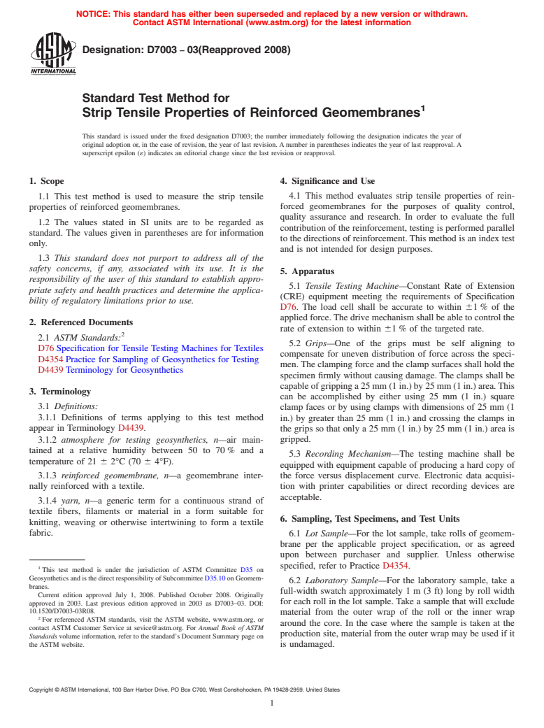 ASTM D7003-03(2008) - Standard Test Method for Strip Tensile Properties of Reinforced Geomembranes