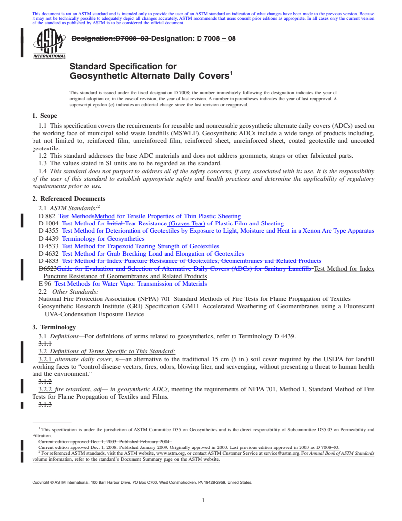 REDLINE ASTM D7008-08 - Standard Specification for Geosynthetic Alternate Daily Covers