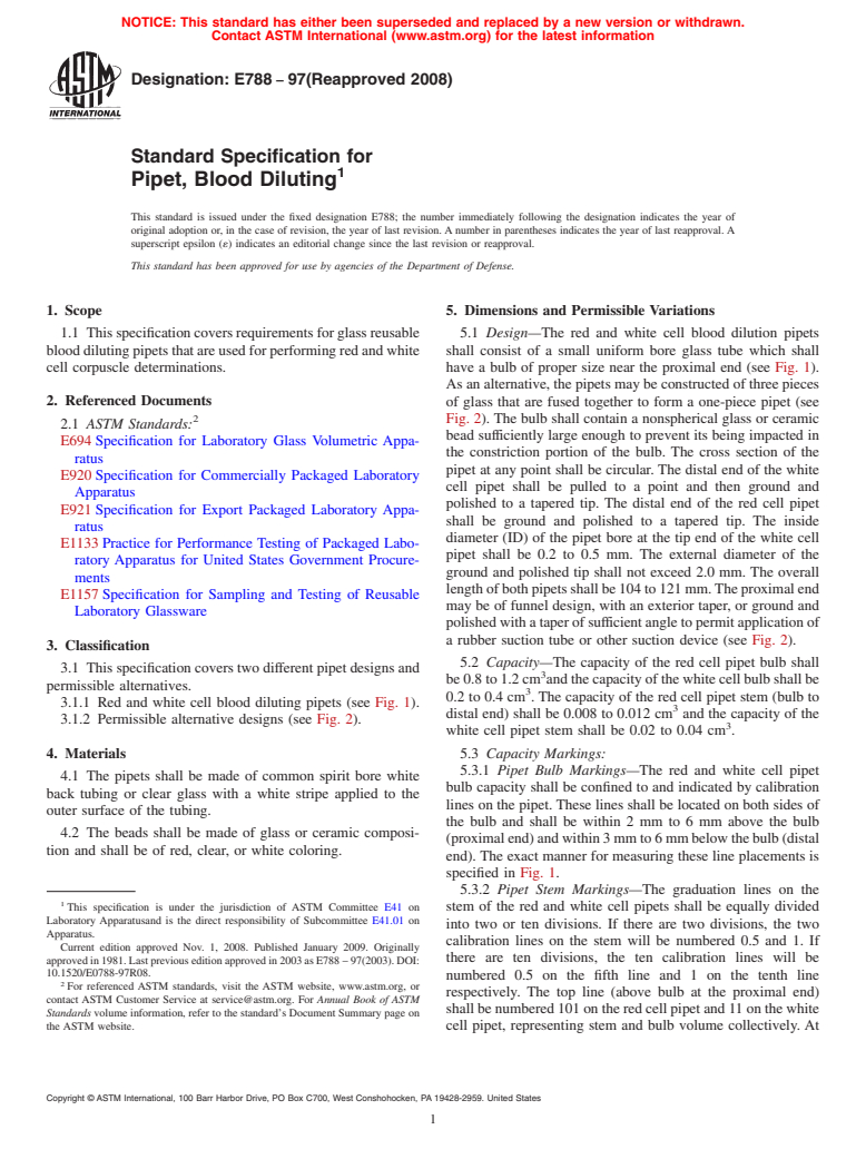 ASTM E788-97(2008) - Standard Specification for Pipet, Blood Diluting