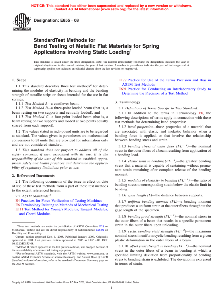 ASTM E855-08 - Standard Test Methods for Bend Testing of Metallic Flat Materials for Spring Applications Involving Static Loading