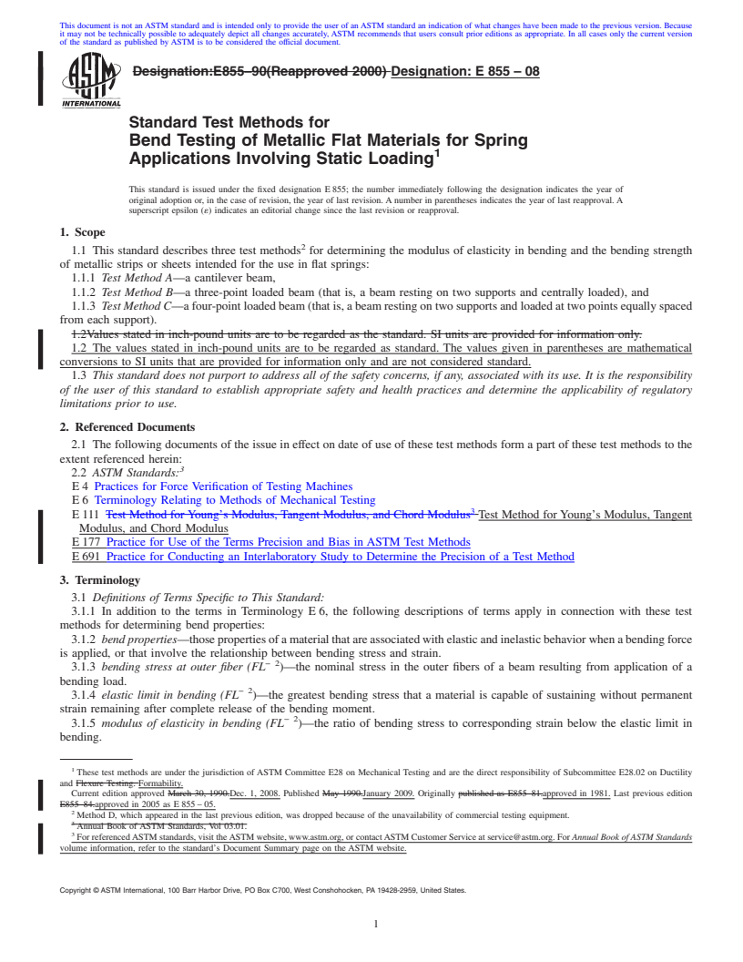 REDLINE ASTM E855-08 - Standard Test Methods for Bend Testing of Metallic Flat Materials for Spring Applications Involving Static Loading