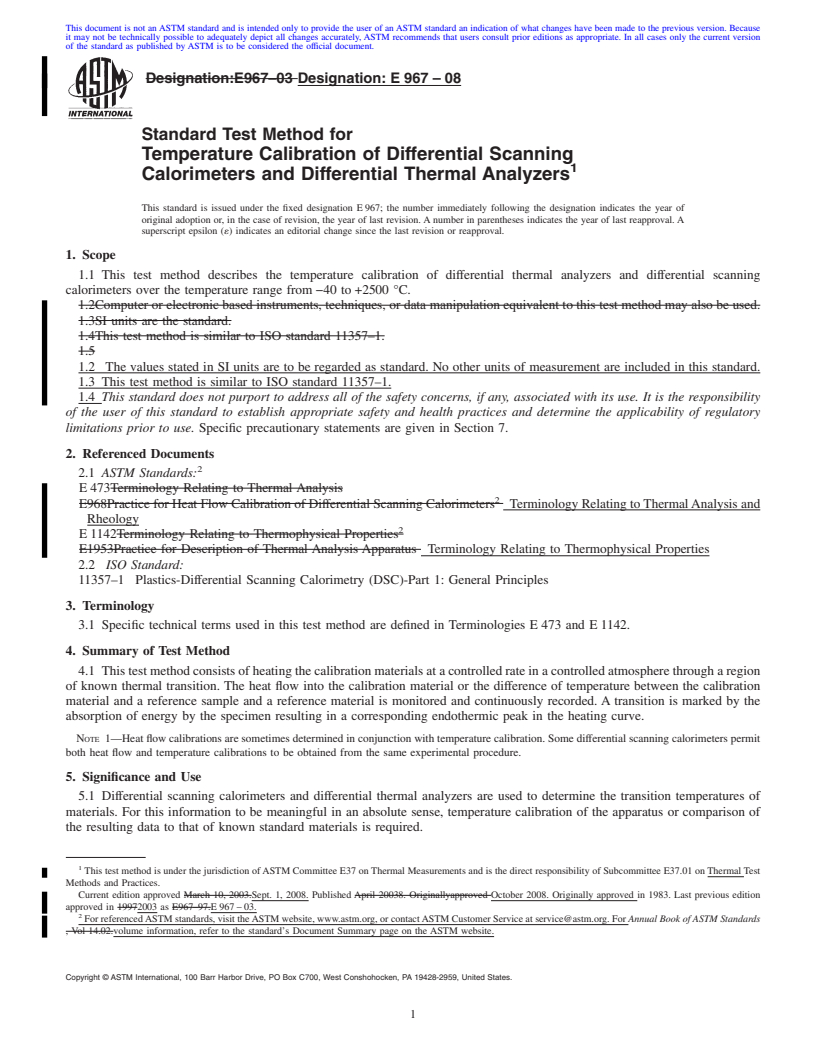 REDLINE ASTM E967-08 - Standard Practice for Temperature Calibration of Differential Scanning Calorimeters and Differential Thermal Analyzers