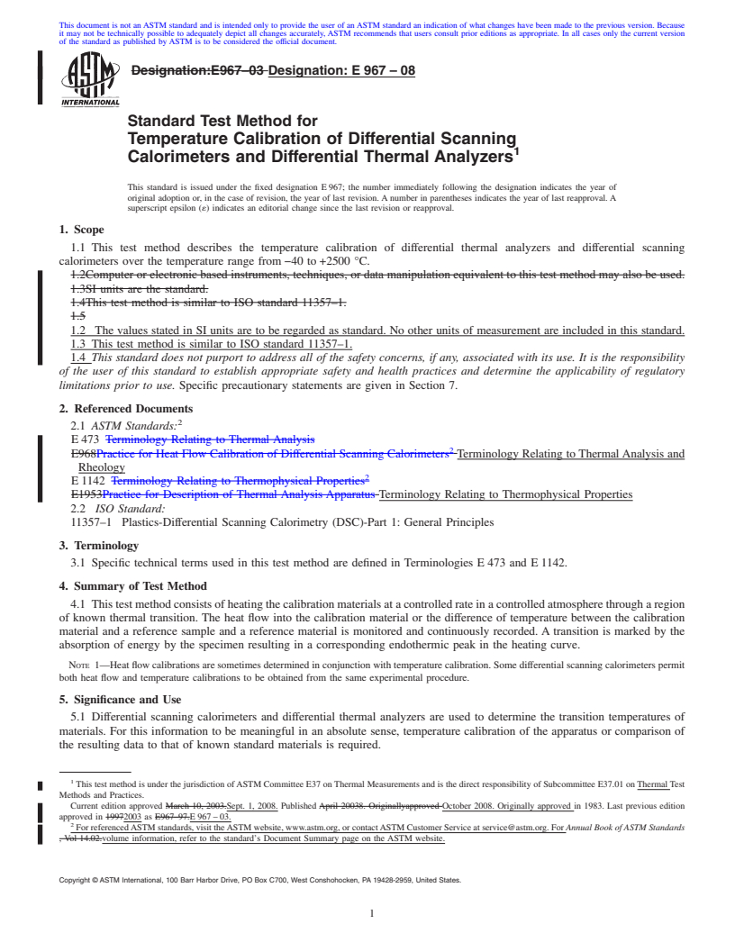 REDLINE ASTM E967-08 - Standard Practice for Temperature Calibration of Differential Scanning Calorimeters and Differential Thermal Analyzers