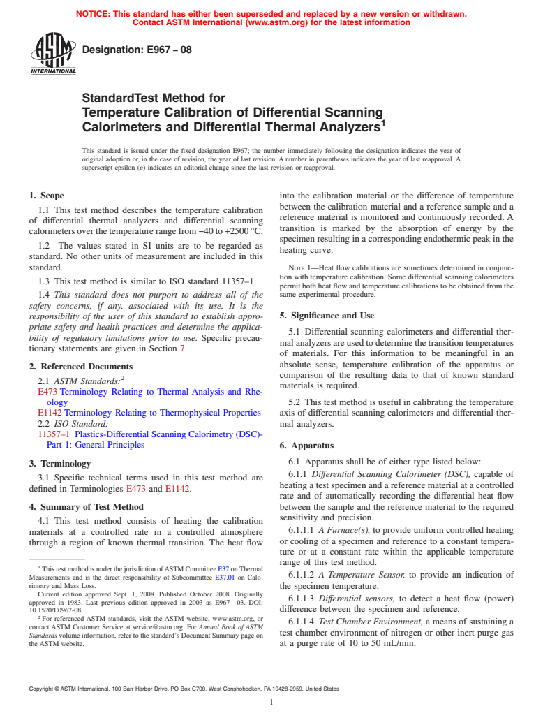 ASTM E967-08 - Standard Practice for Temperature Calibration of Differential Scanning Calorimeters and Differential Thermal Analyzers