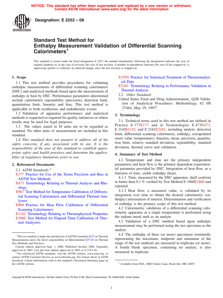 ASTM E2253-08 - Standard Method for Enthalpy Measurement Validation of Differential Scanning Calorimeters