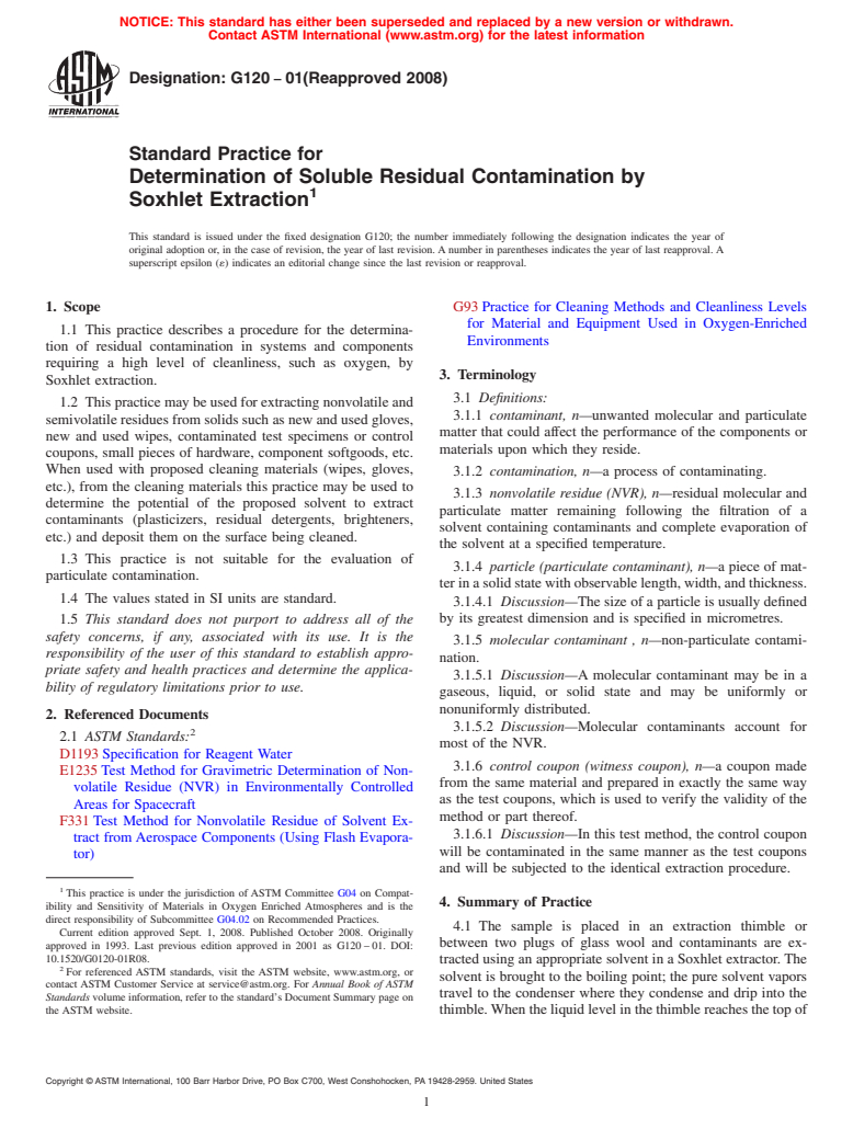 ASTM G120-01(2008) - Standard Practice for Determination of Soluble Residual Contamination in by Soxhlet Extraction