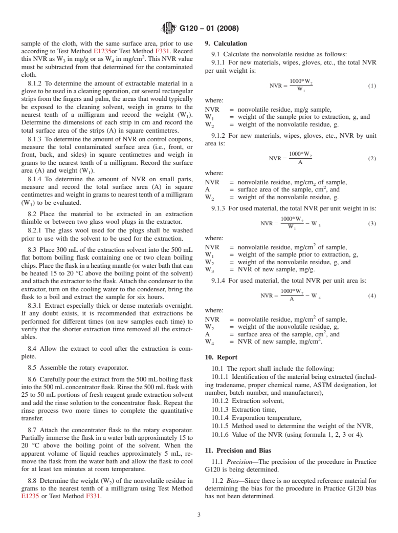 ASTM G120-01(2008) - Standard Practice for Determination of Soluble Residual Contamination in by Soxhlet Extraction