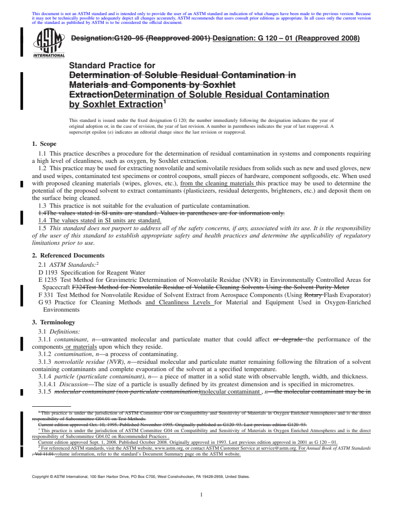 REDLINE ASTM G120-01(2008) - Standard Practice for Determination of Soluble Residual Contamination in by Soxhlet Extraction