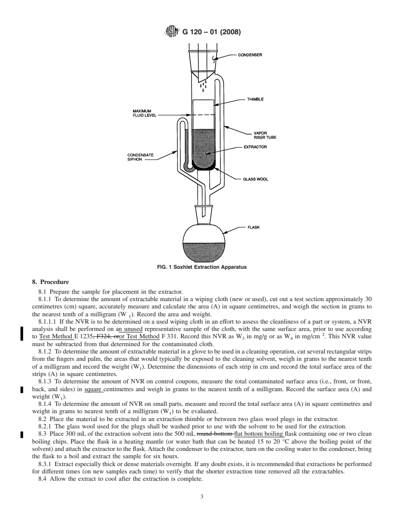 REDLINE ASTM G120-01(2008) - Standard Practice for Determination of Soluble Residual Contamination in by Soxhlet Extraction