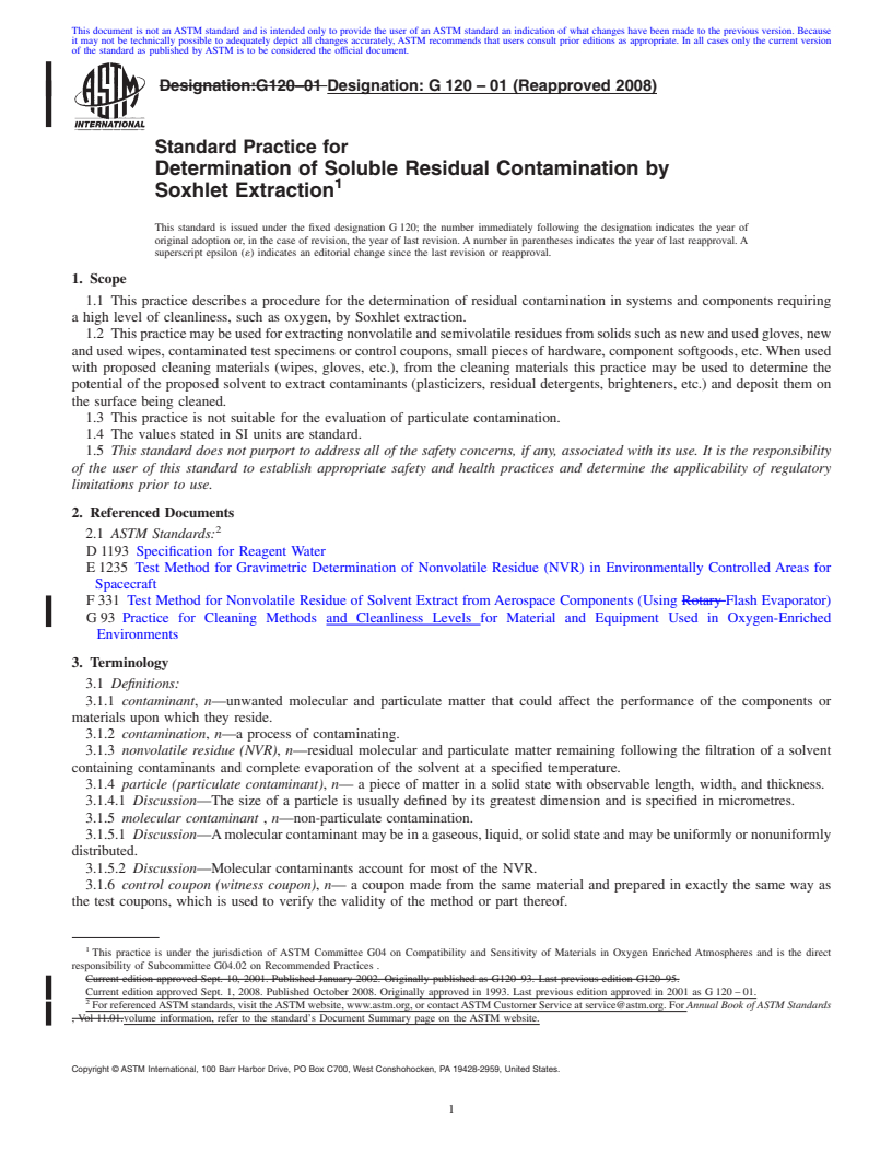 REDLINE ASTM G120-01(2008) - Standard Practice for Determination of Soluble Residual Contamination in by Soxhlet Extraction