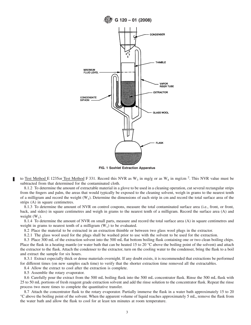 REDLINE ASTM G120-01(2008) - Standard Practice for Determination of Soluble Residual Contamination in by Soxhlet Extraction