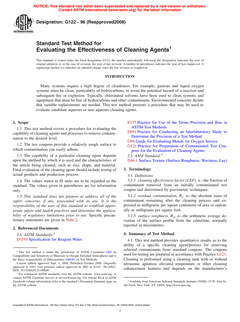 ASTM G122-96(2008) - Standard Test Method for Evaluating the Effectiveness of Cleaning Agents