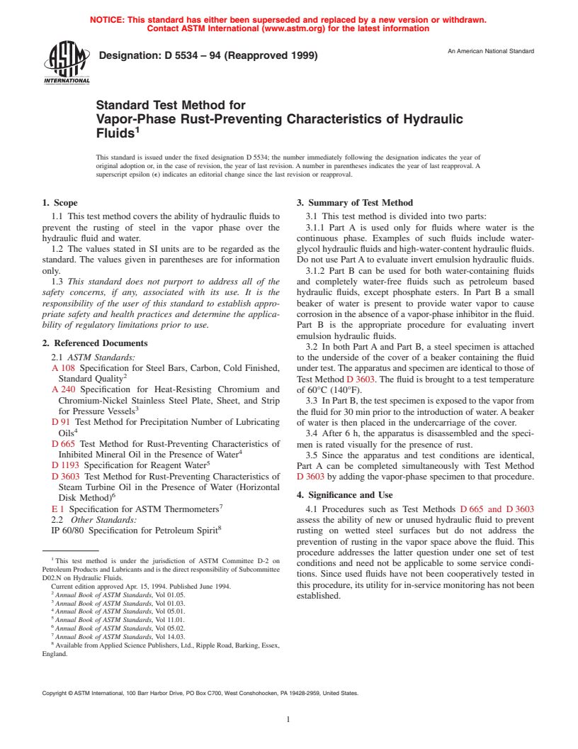 ASTM D5534-94(1999) - Standard Test Method for Vapor-Phase Rust-Preventing Characteristics of Hydraulic Fluids