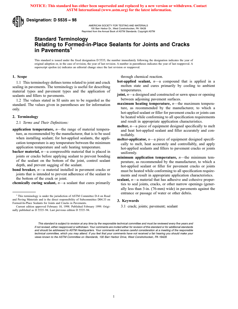 ASTM D5535-98 - Standard Terminology Relating to Formed-in-Place Sealants for Joints and Cracks in Pavements