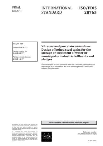 ISO 28765:2016 - Vitreous and porcelain enamels -- Design of bolted steel tanks for the storage or treatment of water or municipal or industrial effluents and sludges