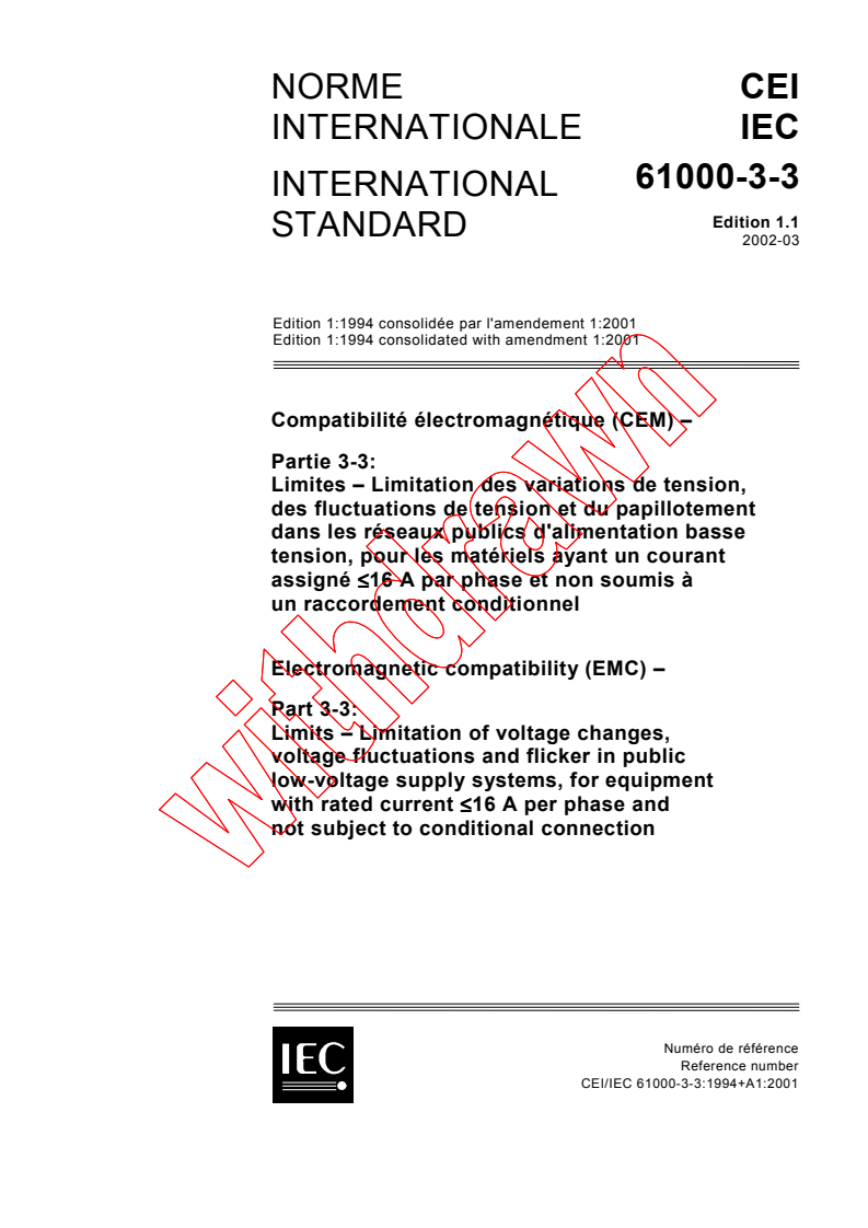 IEC 61000-3-3:1994+AMD1:2001 CSV - Electromagnetic compatibility (EMC) - Part 3-3: Limits - Limitation of voltage changes, voltage fluctuations and flicker in public low-voltage supply systems, for equipment with rated current <= 16 A per phase and not subject to conditional connection
Released:3/12/2002
Isbn:2831861276