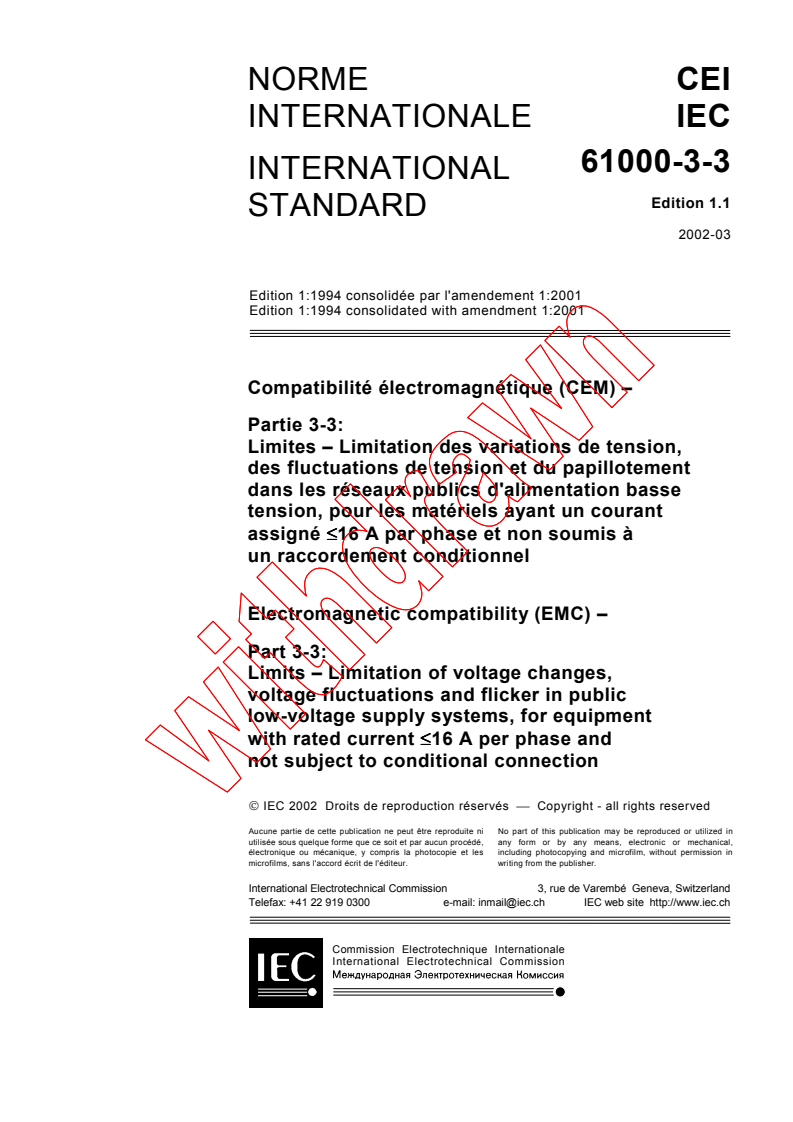 IEC 61000-3-3:1994+AMD1:2001 CSV - Electromagnetic compatibility (EMC) - Part 3-3: Limits - Limitation of voltage changes, voltage fluctuations and flicker in public low-voltage supply systems, for equipment with rated current <= 16 A per phase and not subject to conditional connection
Released:3/12/2002
Isbn:2831861276